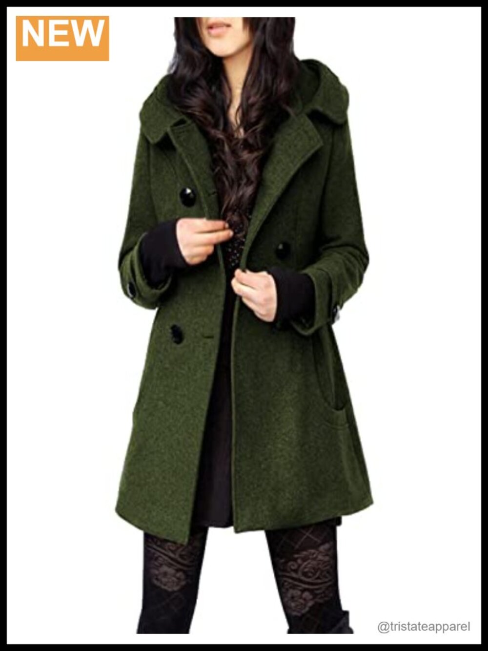 Womens Hooded Wool Blend Peacoat Mid Length Double Breasted Coat